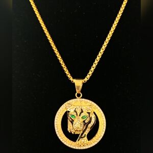 Elegant Gold Tiger With Green Eyes Pendant Necklace